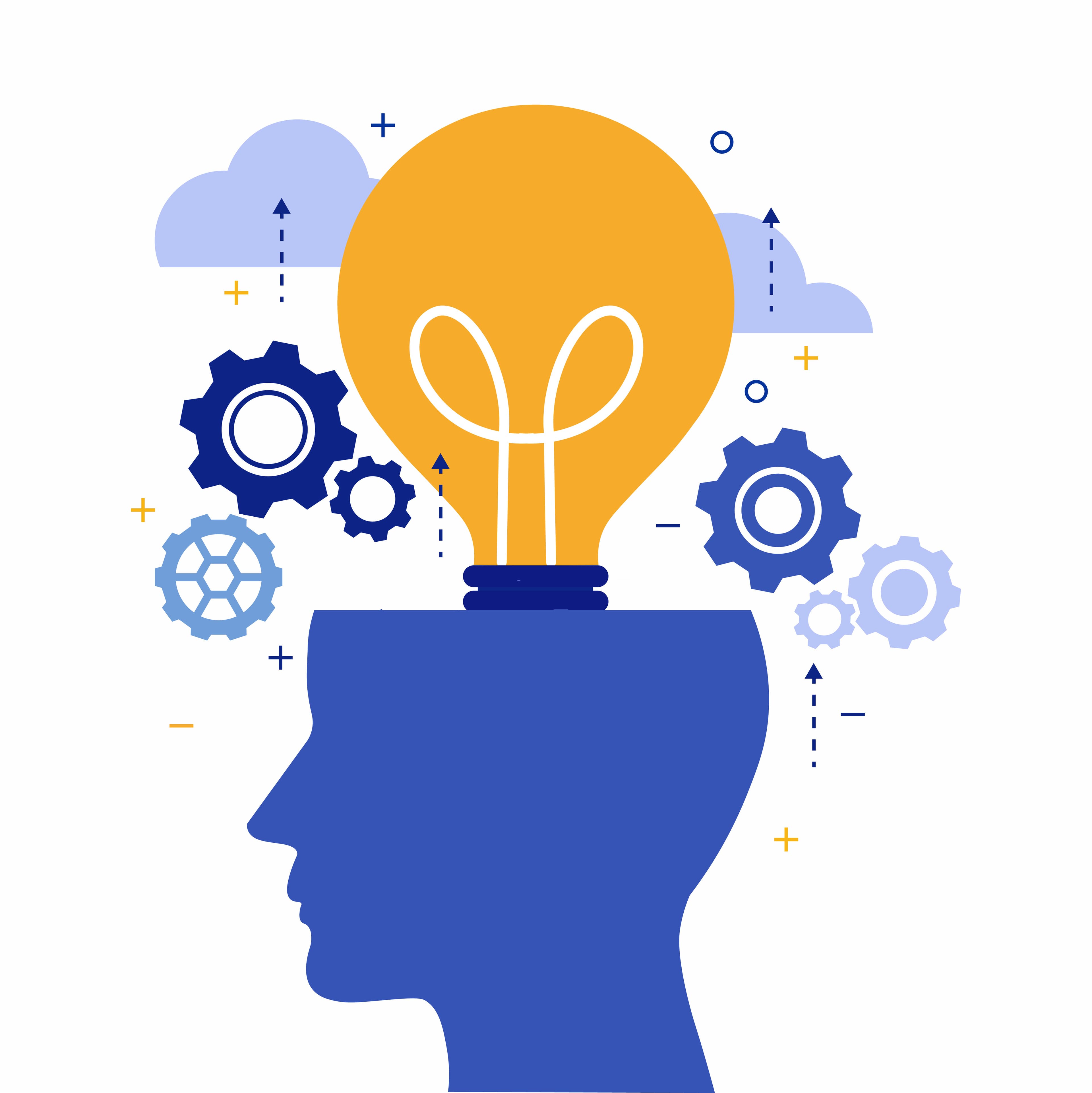 AI receptionist with a light bulb brain, and gears that are customizing it.