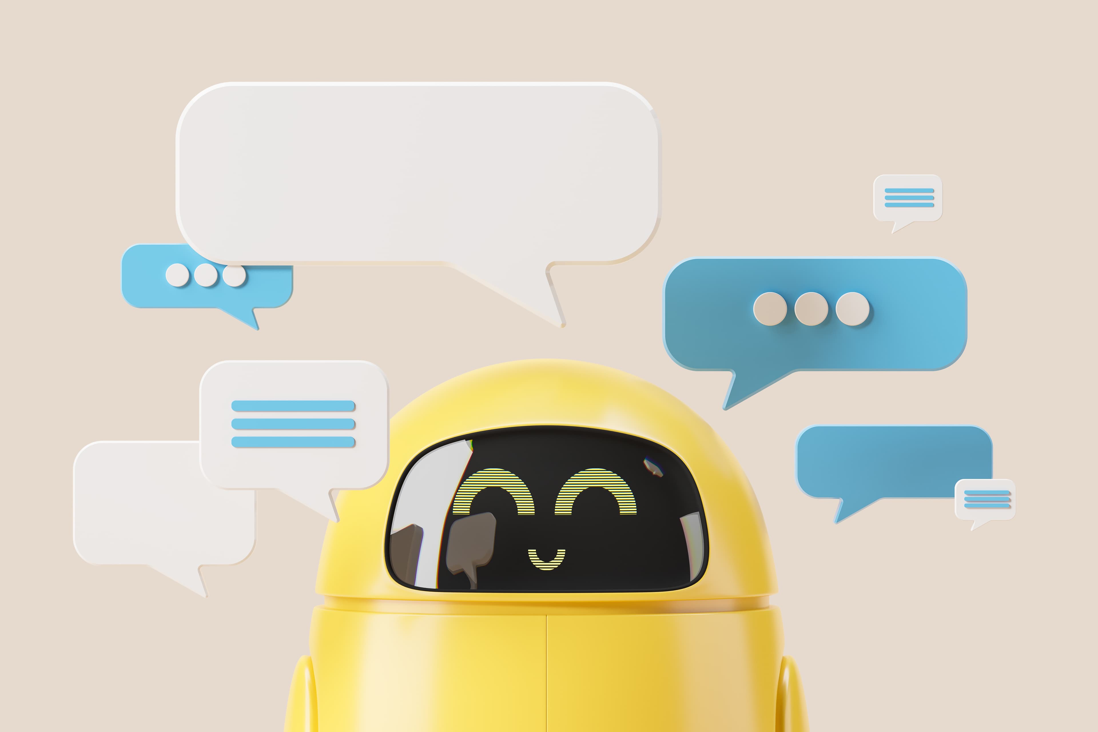 Yellow AI receptionist with talking boxes.